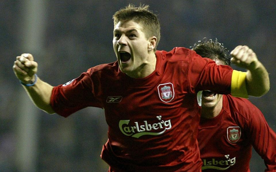 Steven Gerrard celebrates his famous goal against Olympiakos at Anfield in 2004 - Reuters