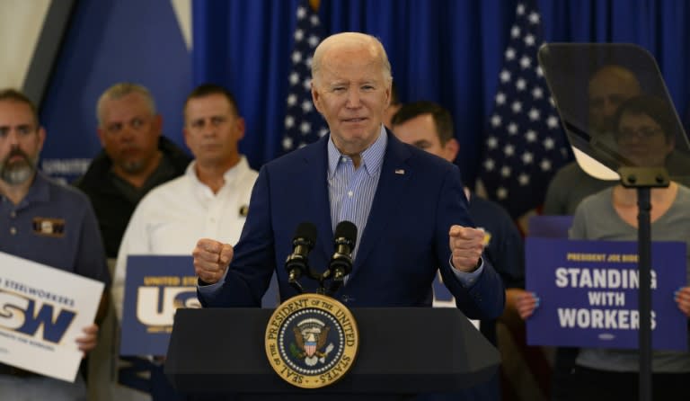 President Joe Biden in April unveiled steel tariffs at the United Steel Workers Headquarters in Pittsburgh after receiving the union's endorsement the prior month (JEFF SWENSEN)