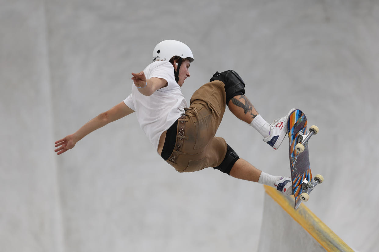 SHANGHAI, CHINA - MAY 19: Jagger Eaton of the United States competes during the Skateboarding Men's Park Final on day four of the Olympic Qualifier Series Shanghai on May 19, 2024 in Shanghai, China. (Photo by Lintao Zhang/Getty Images)