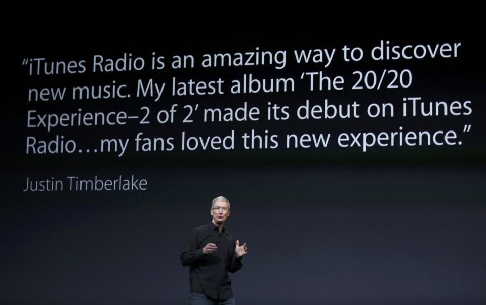 Apple Inc CEO Tim Cook speaks on stage during an Apple event in San Francisco