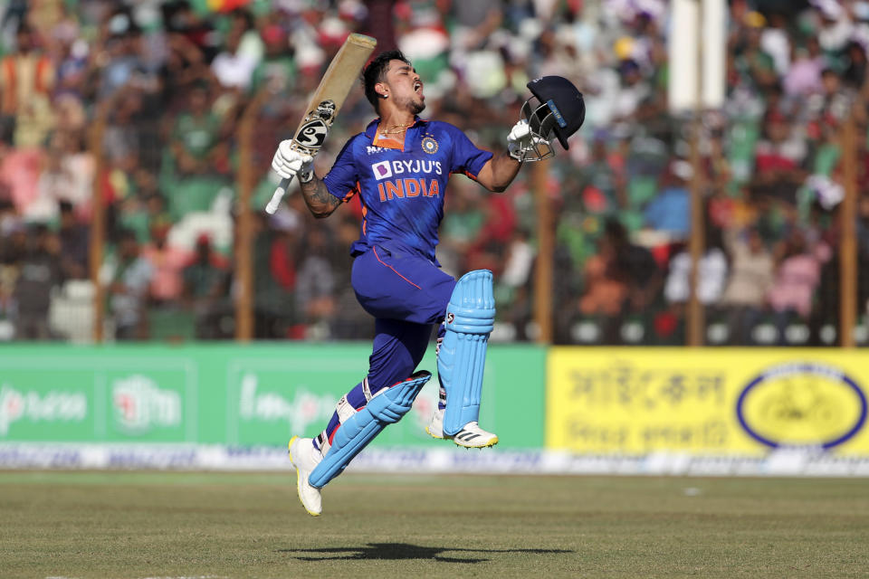 India's Ishan Kishan celebrates after scoring a double-century during the third one day international cricket match between Bangladesh and India in Chittagong, Bangladesh, Saturday, Dec. 10, 2022. (AP Photo/Surjeet Yadav)