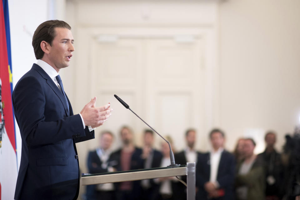 Austrian Chancellor Sebastian Kurz (Austrian People's Party) addresses the media during a press conference at the Federal Chancellors Office in Vienna, Austria, Saturday, May 18, 2019. Kurz has called for an early election after the resignation of his vice chancellor spelled an end to his governing coalition. (AP Photo/Michael Gruber)