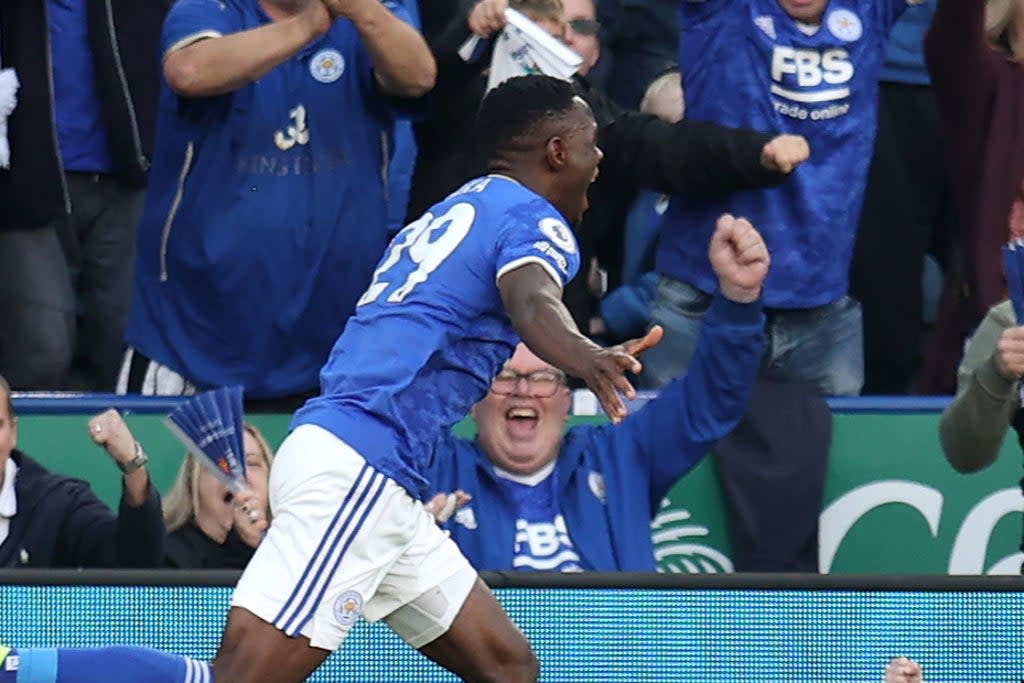 Patson Daka celebrates his first Premier League goal for Leicester  (Getty Images)