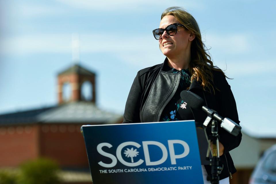 Kathryn Harvey, Spartanburg County Democratic Party Chair, speaks to members of the media before Gov. Ron DeSantis' Florida Blueprint event at First Baptist North Spartanburg, in Spartanburg, S.C. Wednesday, April 19, 2023.