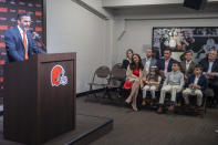Cleveland Browns new NFL football head coach Kevin Stefanski answers a question during a news conference as his family listens, at FirstEnergy Stadium in Cleveland, Tuesday, Jan. 14, 2020. (AP Photo/Phil Long)
