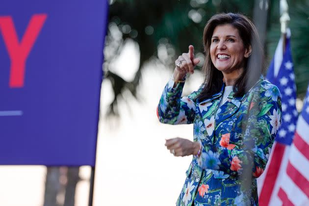 Republican presidential candidate and former U.N. Ambassador Nikki Haley points at someone in the crowd as she arrives at a campaign event on Feb. 21 in Beaufort, South Carolina.