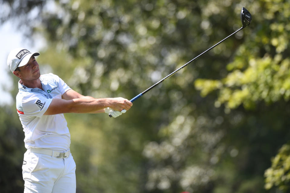 Viktor Hovland watches his tee shot on the seventh hole during the final round of the FedEx St. Jude Championship golf tournament. (Photo: Christopher Hanewinckel-USA TODAY Sports)