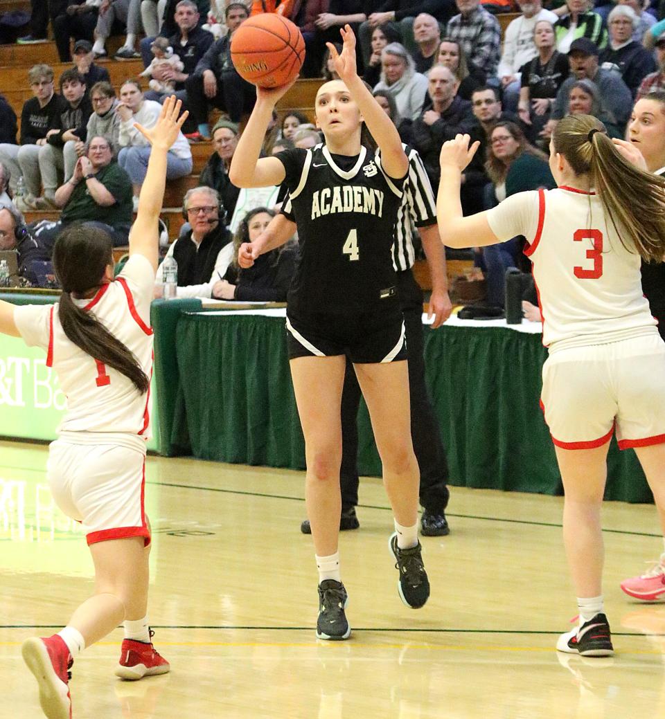 St. Johnsbury's Kyra Nelson shoots a 3-pointer during the Hilltoppers 38-33 loss to CVU in the D1 State Championship game on Wednesday night at UVM's Patrick Gym.