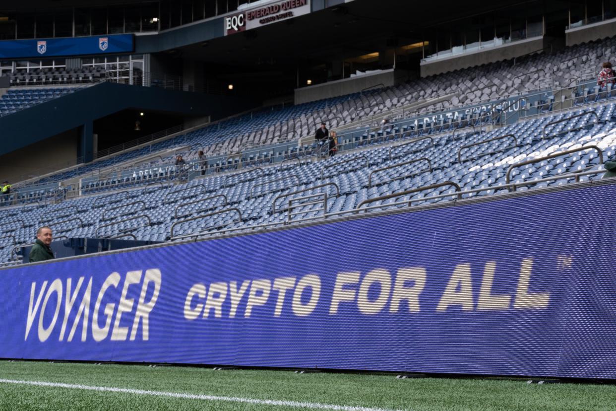 May 29, 2022; Seattle, Washington, USA;  A Voyager LED reader board is pictured before a match between the San Diego Wave and OL Reign at Lumen Field. Mandatory Credit: Stephen Brashear-USA TODAY Sports