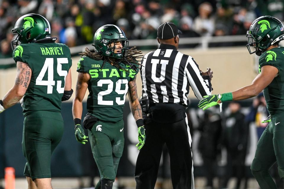 Michigan State's Marqui Lowery (29) celebrates after breaking up a Maryland pass during the third quarter on Saturday, Nov. 13, 2021, at Spartan Stadium in East Lansing.