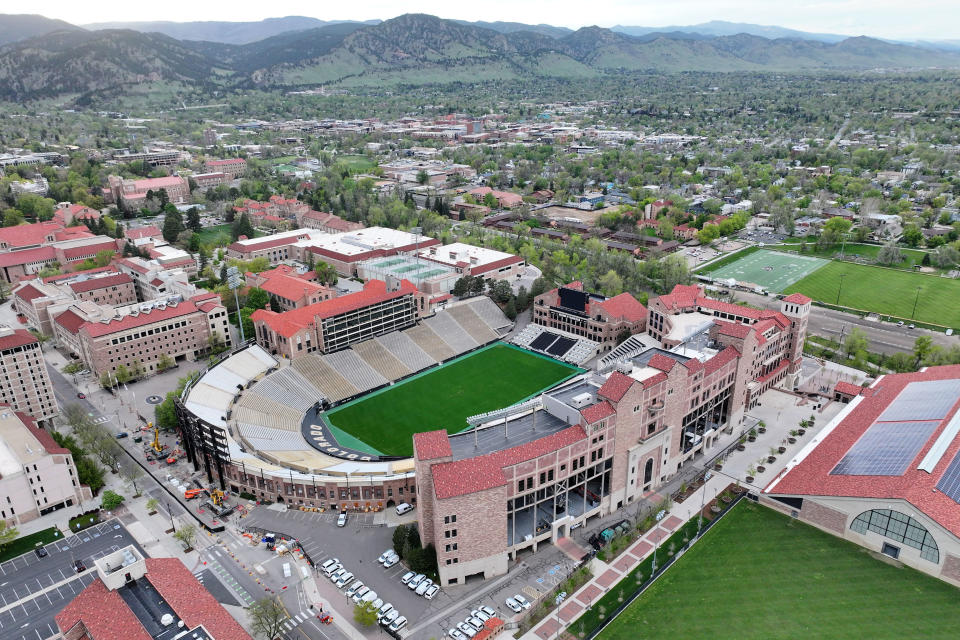 BOULDER, COLORADO - MAY 11: A general overall aerial view of Folsom Field on the campus of the University of Colorado on May 11, 2024 in Boulder, Colorado. The stadium is the home of the Colorado Buffaloes football team. (Photo by Kirby Lee/Getty Images)