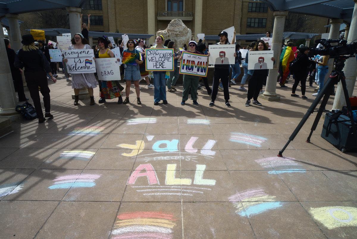 Students rallied against the university president’s decision to cancel a drag performance at West Texas A&M University on March 23, 2023.