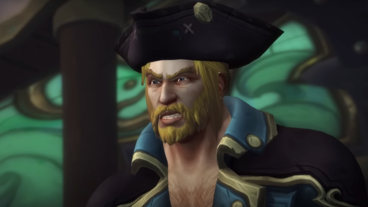  A very upset admiral from World of Warcraft: Battle for Azeroth bares a grimace. 