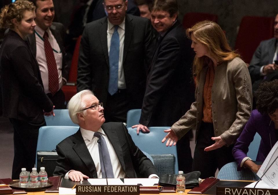 Stolen Crimea: Samantha Power as the US Permanent Representative to the UN reacts emotionally to the statements of the Russian representative to the UN Security Council, Vitaly Churkin <span class="copyright">Andrew Kelly / Reuters</span>