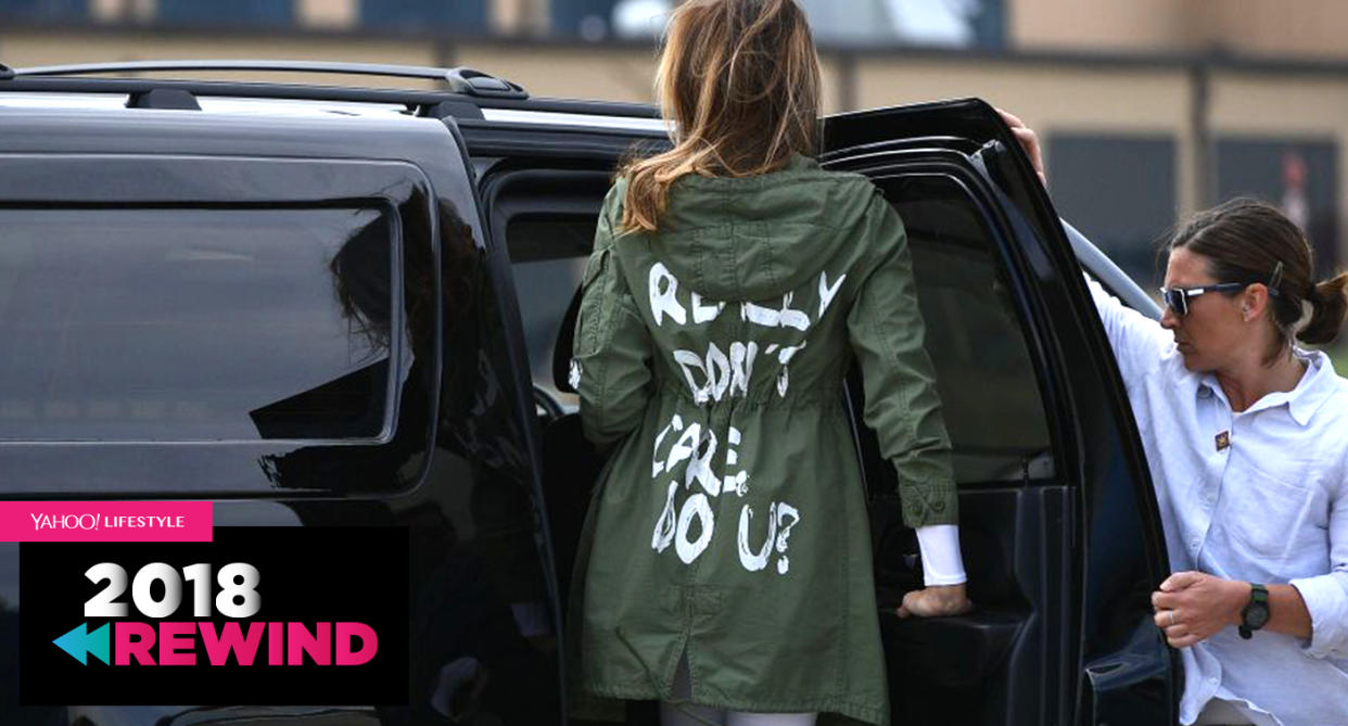 First lady Melania Trump wears an “I really don’t care, do u?” jacket to visit migrant children at the Texas-Mexico border on June 21, 2018. (Photo: Getty Images)