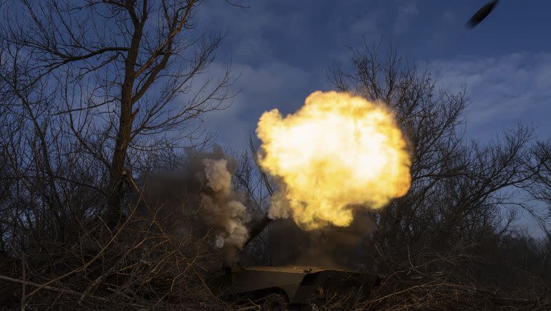 Ukrainian self propelled howitzer 2s1 of 80 Air Assault brigade fires towards Russian forces at the frontline near Bakhmut, Ukraine, Friday, March 10, 2023.