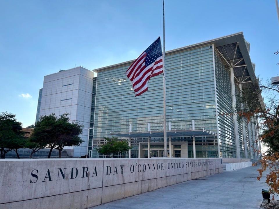 Sandra Day O'Connor Courthouse puts its flag at half-staff following the death of its namesake on Dec.1, 2023.