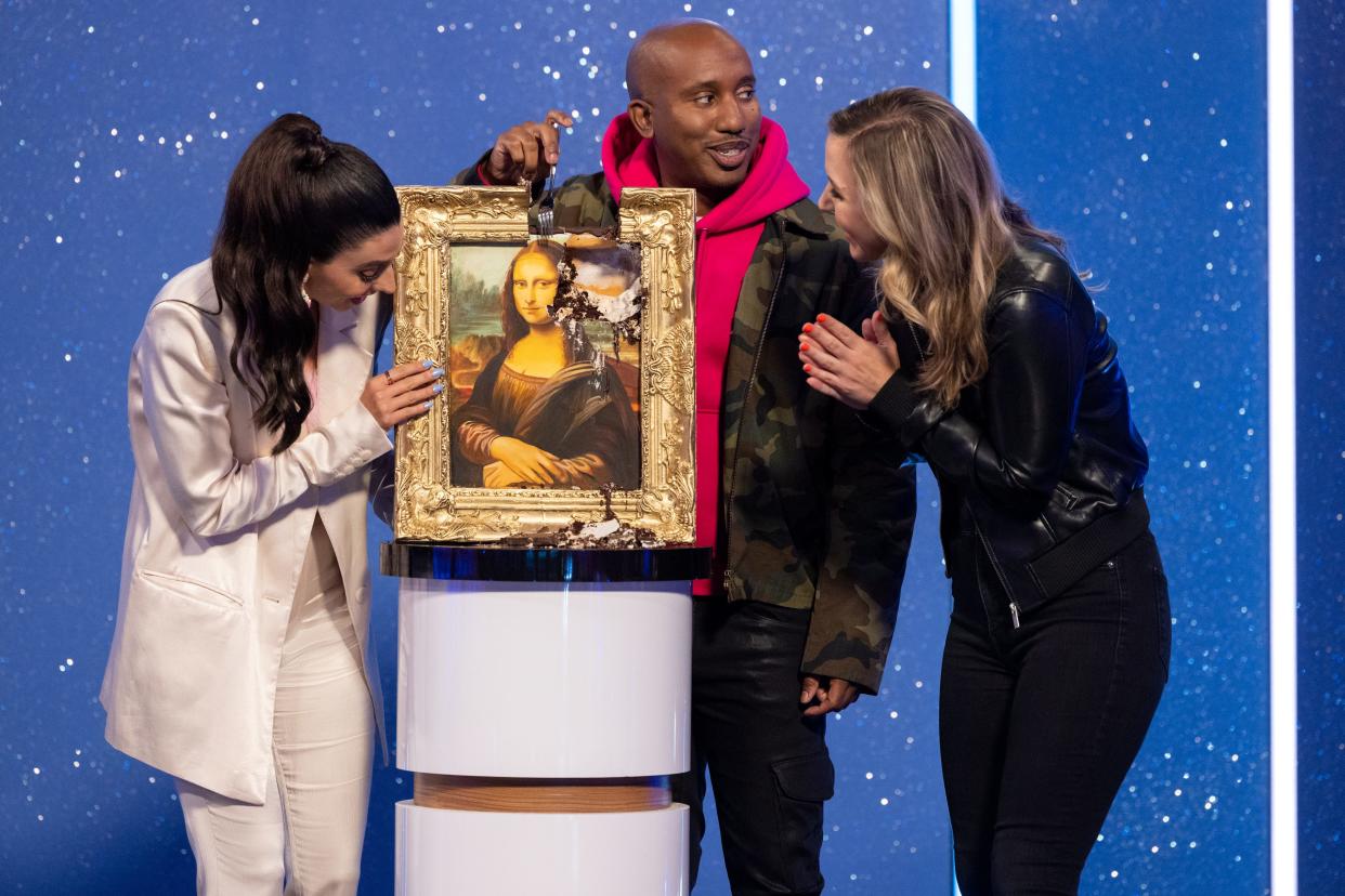 (L to R) Judges Jade Catta-Preta, Chris Redd, Taylor Tomlinson eat the Mona Lisa on "Is It Cake, Too."