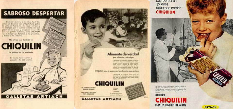 La publicidad de las galletas Chiquilín solía tener como protagonistas a jóvenes sonrientes, una asociación con lo que transmitía el actor en el que se inspiró su nombre. Fuente: Antiguos anuncios de antes