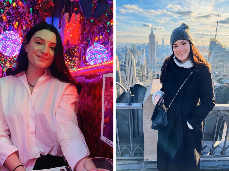 Side-by-side photos show the author at different places in New York City.