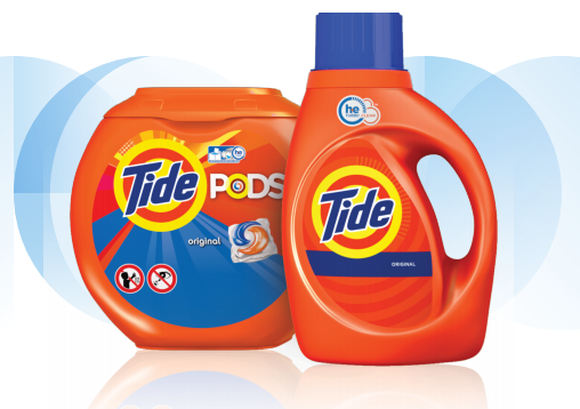 Tide detergent in liquid and pod form.