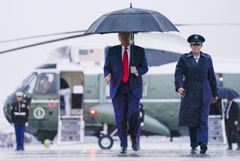 President Donald Trump walks to board Air Force One for a campaign rally in Mosinee, Wis., Thursday, Sept. 17, 2020, in Andrews Air Force Base, Md. (AP Photo/Evan Vucci)