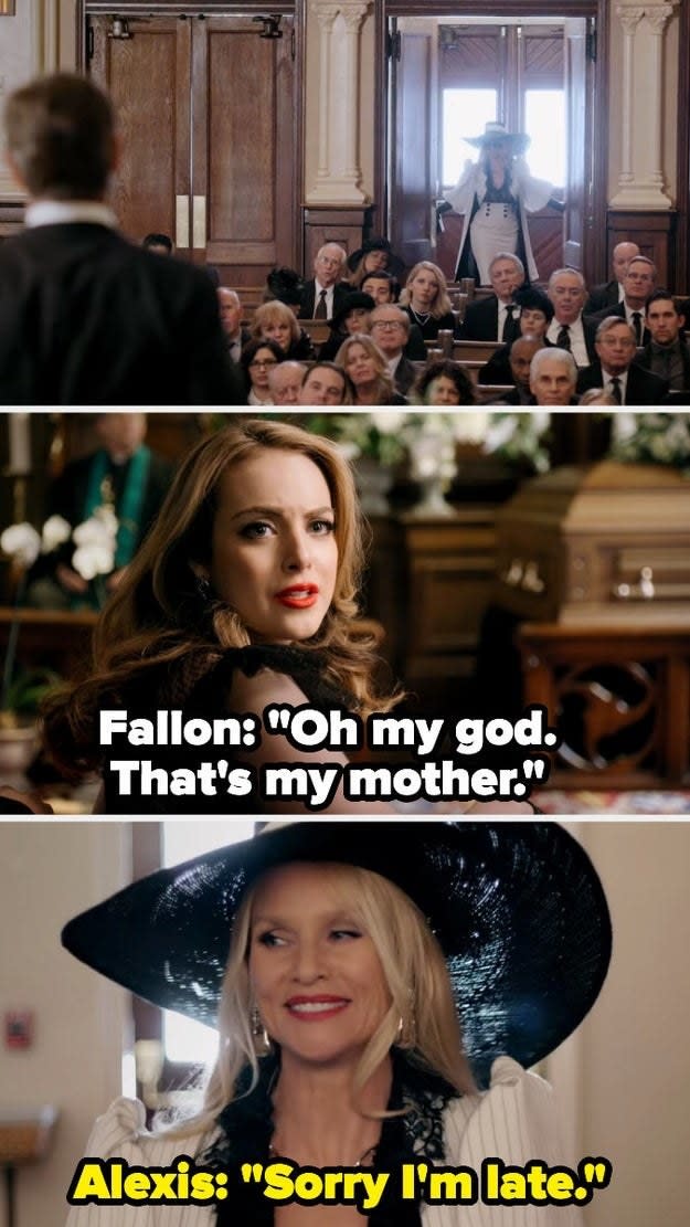 Fallon at a funeral saying "Oh my god, that's my mother," and a smiling Alexis saying "Sorry I'm late"
