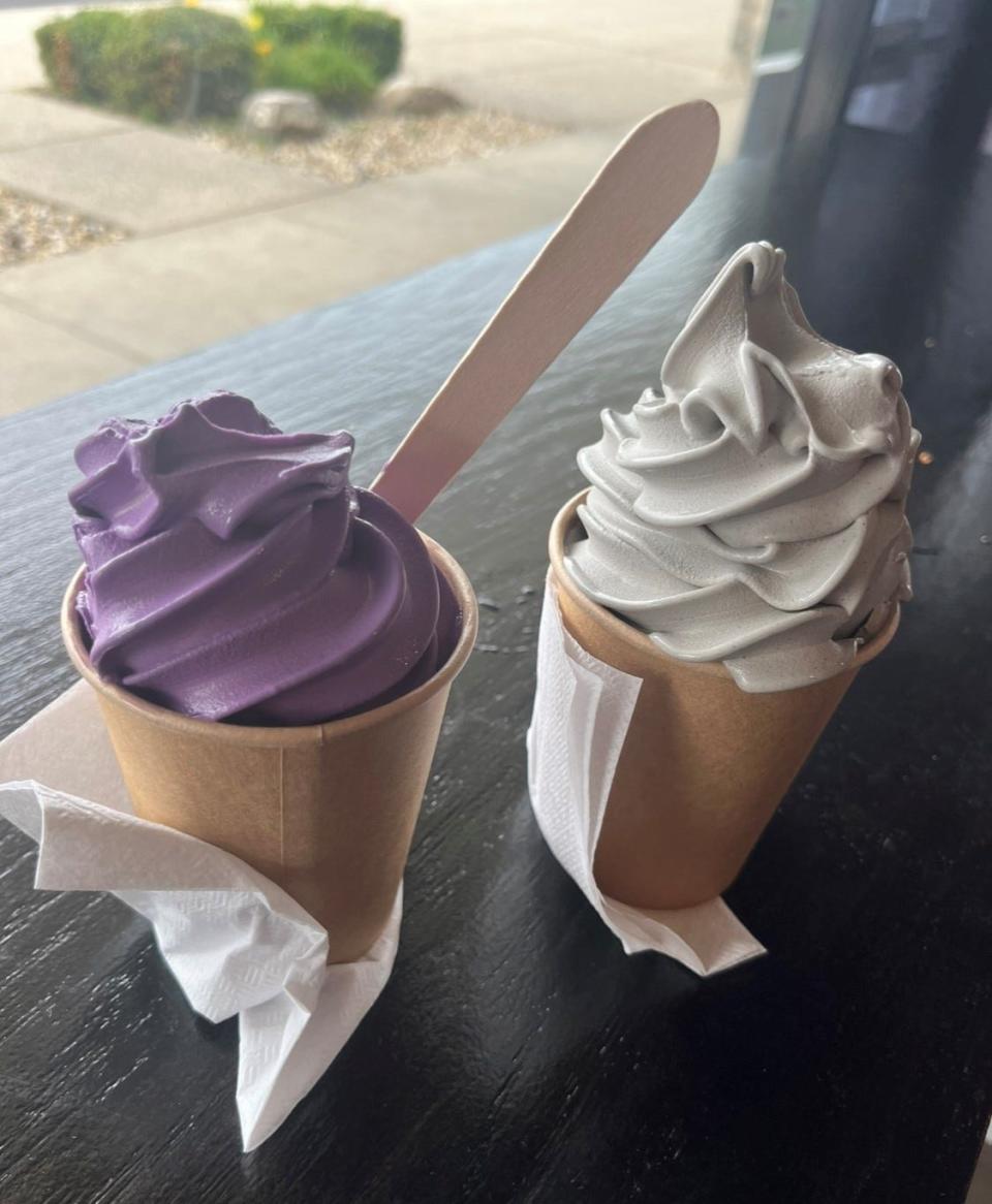 Ube soft-serve ice cream is made from purple yams. It was added (along with the black sesame ice cream shown here) to the menu at Meshikou Chikin on the Northwest Side.
