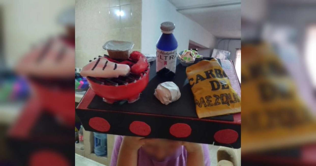 Le piden un sombrero loco por el Día del Niño y lleva uno de carnita asada. Foto: Captura de video Tiktok vía @melina_anilu