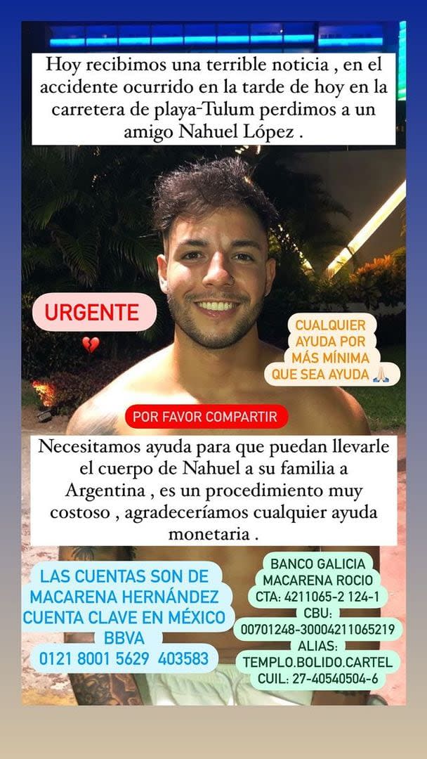 Nahuel López es uno de los cinco argentinos que fallecieron ayer a la tarde en un accidente en Playa del Carmen