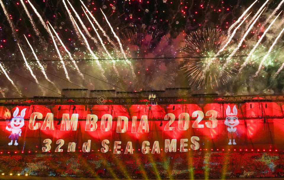 Fireworks light up the sky during the opening ceremony of the 32nd South East Asian Games at the Morodok Techo National Stadium in Phnom Penh, Cambodia on Friday, May 5, 2023. (AP Photo/Tatan Syuflana)