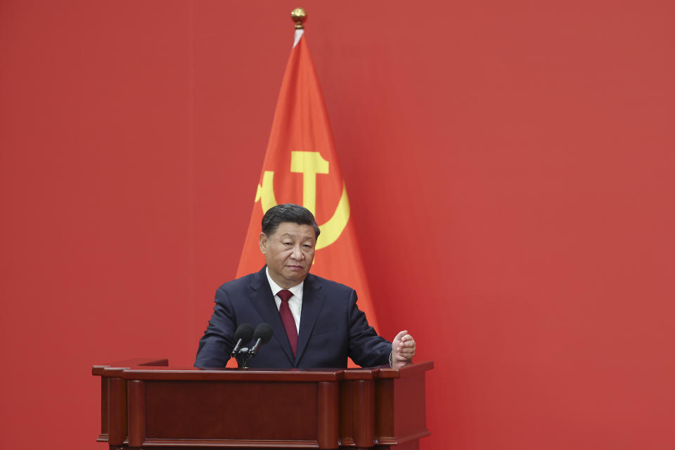 BEIJING, CHINA - OCTOBER 23: Chinese President Xi Jinping speaks at the podium during the meeting between members of the standing committee of the Political Bureau of the 20th CPC Central Committee and Chinese and foreign journalists at The Great Hall of People on October 23, 2022 in Beijing, China. China's ruling Communist Party today revealed the new Politburo Standing Committee after its 20th congress. (Photo by Lintao Zhang/Getty Images)