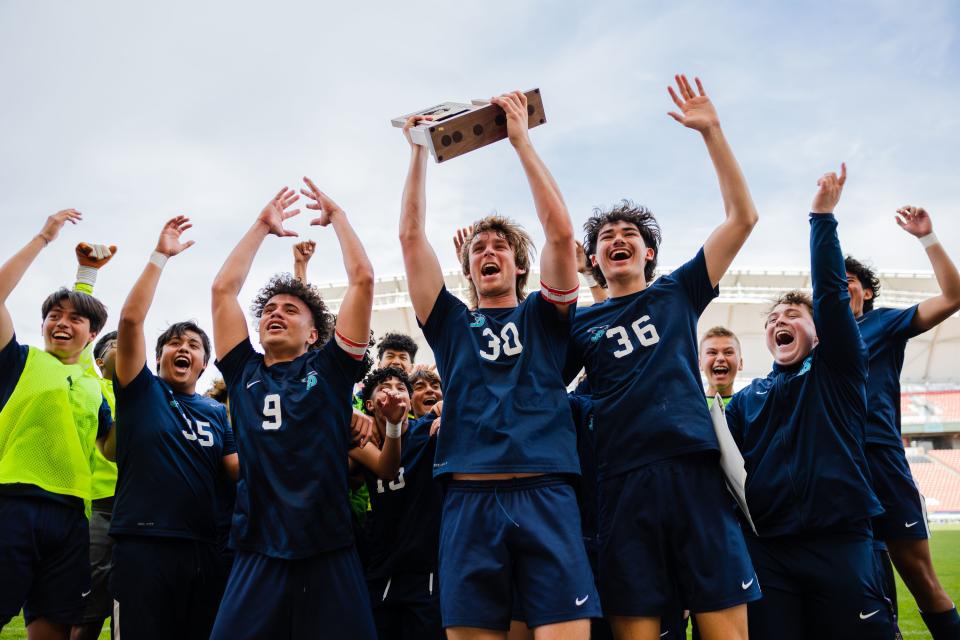 Juan Diego Catholic celebrates after winning the 3A boys soccer championship game at America First Field in Sandy on May 12, 2023. | Ryan Sun, Deseret News