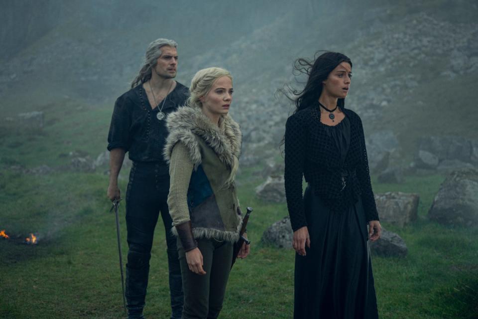 Henry Cavill, Anya Chalotra and Freya Allan in The Witcher Season 3 (Susie Allnutt)