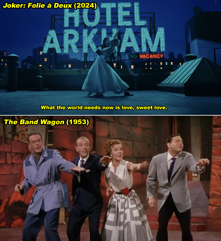 Top: Film poster for "Joker: Folie à Deux (2024)" showcasing characters in a dramatic pose. Bottom: A scene from "The Band Wagon (1953)" with four actors dancing