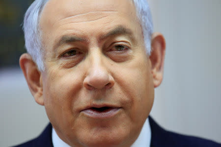 FILE PHOTO: Israeli Prime Minister Benjamin Netanyahu speaks during the weekly cabinet meeting at the Prime Minister's office in Jerusalem, May 19, 2019. Ariel Schalit/Pool via REUTERS/File Photo