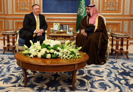 U.S. Secretary of State Mike Pompeo (L) meets with Saudi Crown Prince Mohammed bin Salman in Riyadh, Saudi Arabia January 14, 2019. Andrew Caballero-Reynolds/Pool via REUTERS