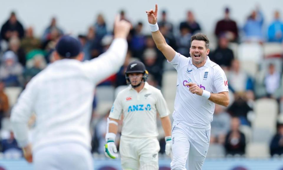 Jimmy Anderson celebrates after taking the wicket from Kane Williamson before lunch on Day Two.