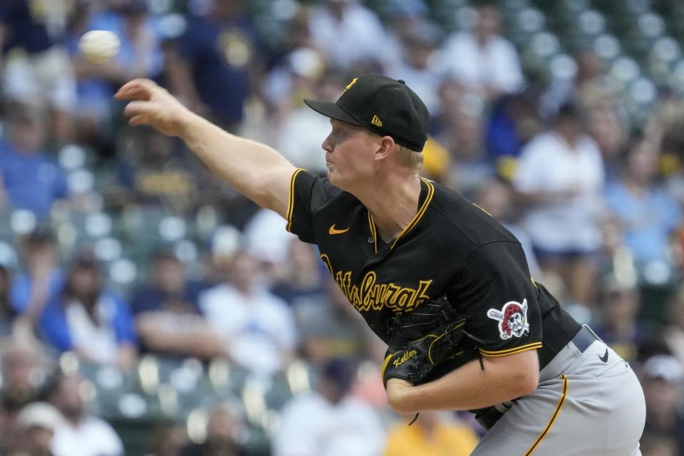 Pittsburgh Pirates starting pitcher Mitch Keller throws during the first inning of a baseball game against the Milwaukee Brewers Thursday, Aug. 3, 2023, in Milwaukee. (AP Photo/Morry Gash)