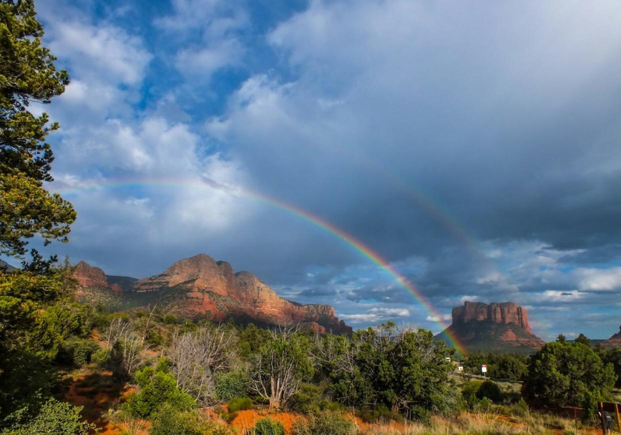 These are unique places to go for spring break in the United States. Pictured: double rainbow over Sedona, AZ.