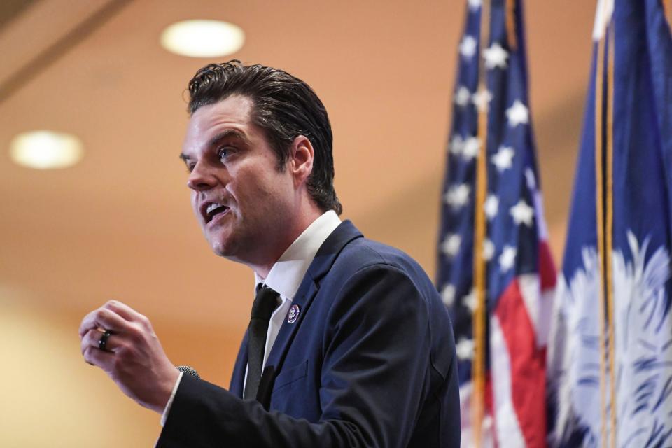 U.S. Rep. Matt Gaetz speaks on stage during a rally in support of state Rep. Adam Morgan at the Mariott in Greenville on Tuesday, April 23, 2024.