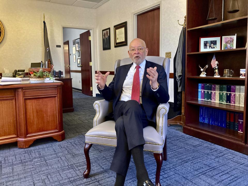 Gregory K. Harris, U.S. attorney for the Central District of Illinois, explains on Tuesday, March 28, 2023 the reasoning behind the sentences his office sought in the cases of three former Illinois Department of Corrections officers who were convicted of federal civil rights violations and obstruction charges in the beating death of inmate Larry Earvin, 65, at Western Illinois Correctional Center in May 2018. Prosecutors sought life sentences for Alex Banta, 31, and Todd Sheffler, 54, for their roles in the incident but they were each sentenced to 20 years in federal prison. The third defendant, Willie Hedden, 44, pleaded guilty and testified against Banta and Sheffler. The government sought a sentence of 10 years for him, but he was sentenced to six years. (Associated Press/John O'Connor)