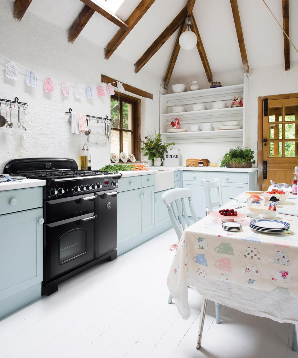 <p> A range, whether that’s a traditional cast-iron model or a more modern version, will add warmth and focus to a country kitchen. Contrast duck-egg blue cabinetry and patterned fabrics in pretty pastel shades with a bold black range for real stand-out. </p>