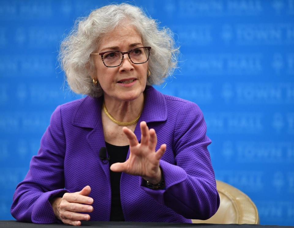 Former U.S. Ambassador to Ukraine Marie Yovanovitch speaks to members of the media before her speech at the Ringling Collage Library Association Town Hall on Monday at the Van Wezel Performing Arts Hall.