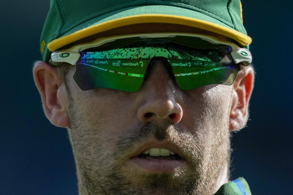 South Africa's Anrich Nortje fields near the boundary during the T20 World Cup cricket match between South Africa and Bangladesh in Sydney, Australia, Thursday, Oct. 27, 2022. (AP Photo/Rick Rycroft)