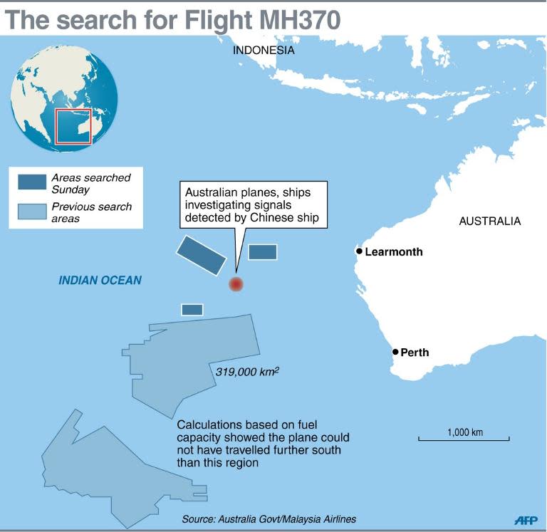 Map updating latest developments in the search for missing Malaysia Airlines flight MH370