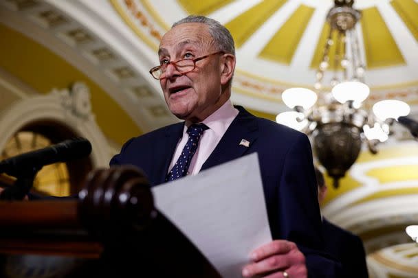 PHOTO: Senate Majority Leader Chuck Schumer (D-NY) speaks at a press conference following a luncheon with Senate Democrats in the Capitol Building, May 02, 2023 in Washington, DC. (Anna Moneymaker/Getty Images)