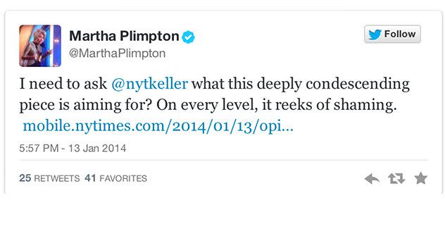 Actress Martha Plimpton also voiced her support for Adams, or at least her indignation with Keller. Photo: Twitter