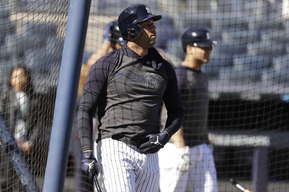 New York Yankees' Aaron Hicks takes batting practice at Yankee Stadium Thursday, Oct. 10, 2019, New York. The Yankees will play the winner of tonight's Tampa Bay Rays at Houston Astros American League Division Series game in Game 1 of the American League Championship Series on Saturday, Oct. 12 in New York. (AP Photo/Frank Franklin II)
