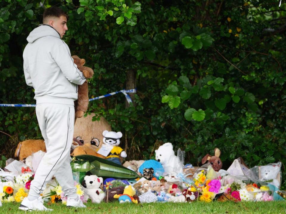 Tributes left in Pandy Park in Bridgend, south Wales, near to where five-year-old Logan Mwangi was found dead in the Ogmore River (Ben Birchall/PA)